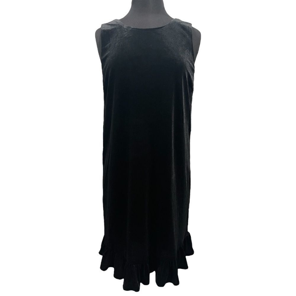 Mo:vint Black Velour Sleeveless Ruffle Hem Trapeze Dress Sz M